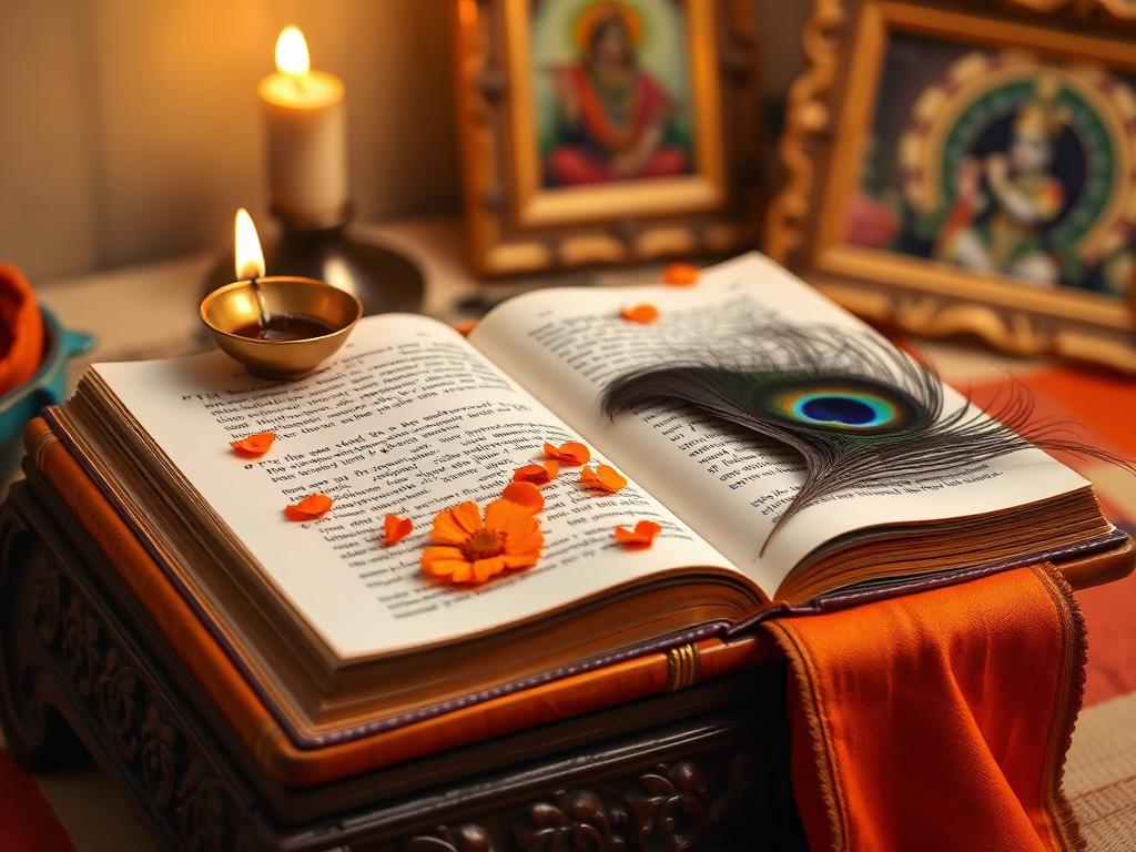 Sacred Hindu scripture on a decorated stand with family listening during Bhagwat Katha