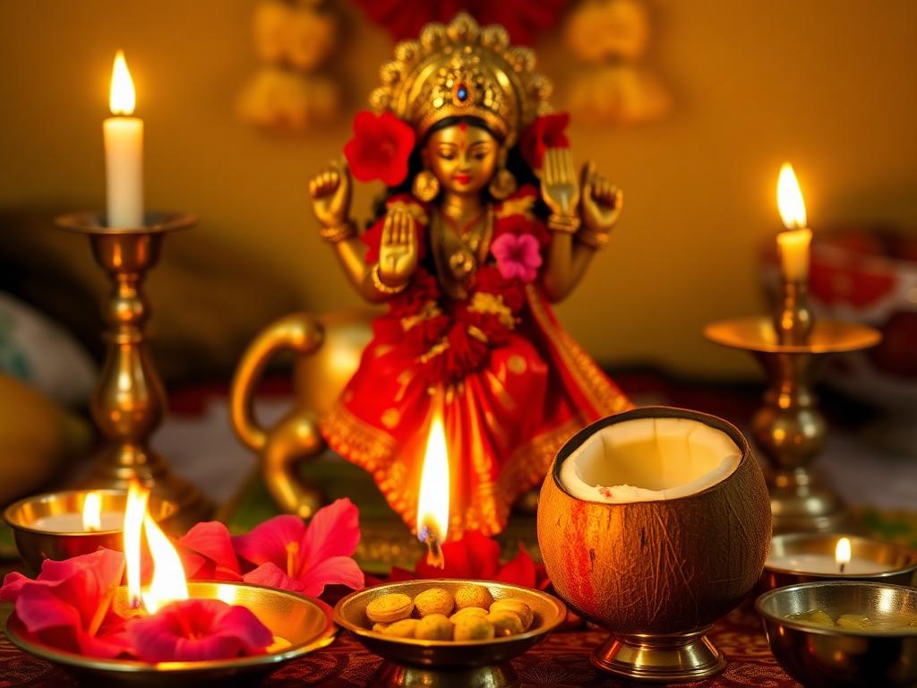 Maa Durga puja altar with red flowers, diya and family performing aarti during Navratri