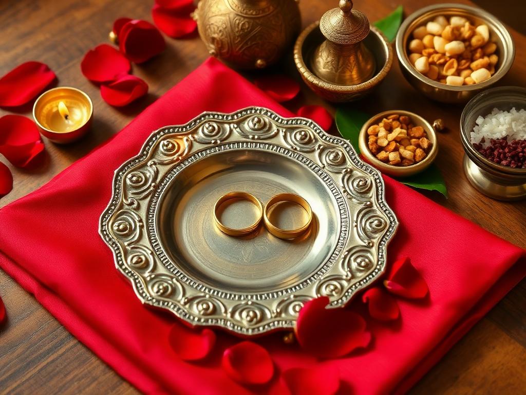 Hindu engagement ceremony with couple exchanging rings and families offering blessings