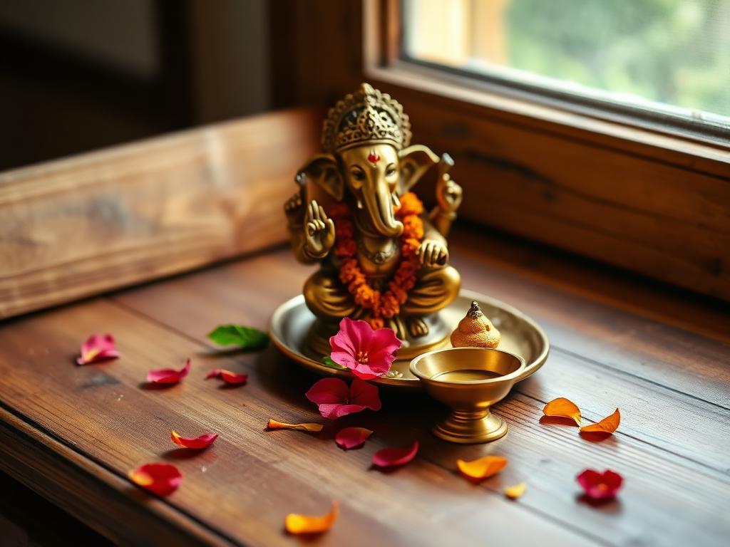 Ganesh Puja altar with Lord Ganesha murti, hibiscus flowers, modak and diya
