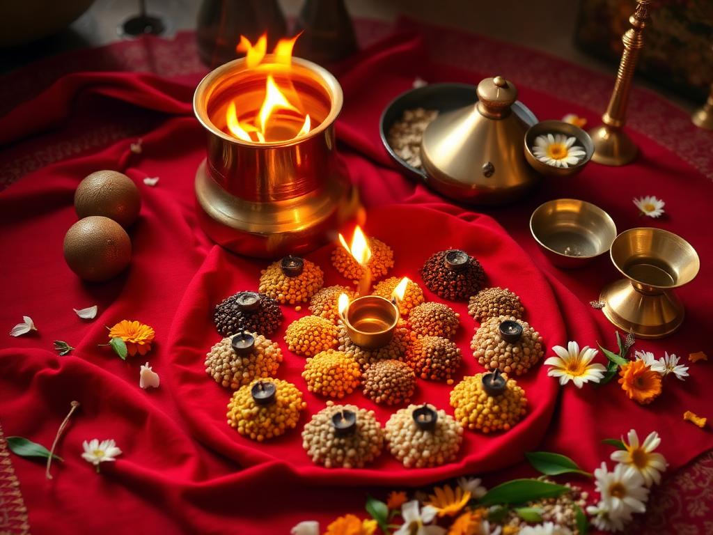 Family participating in a Grah Dosh Nivaran shanti puja with havan and Navagraha offerings