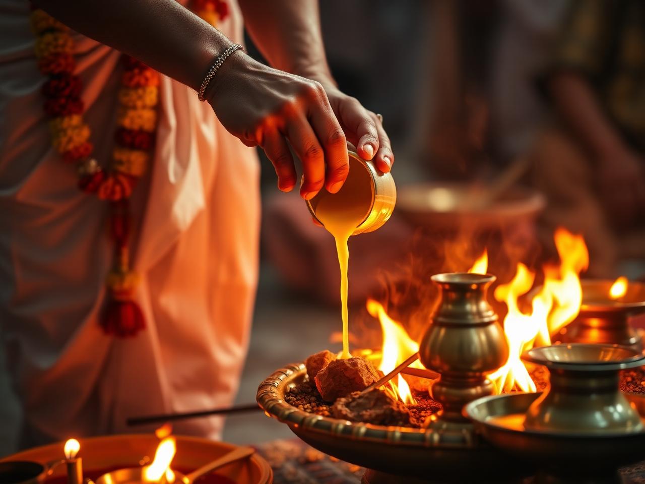 Pandit performing havan with ghee ahuti at a sacred fire kund