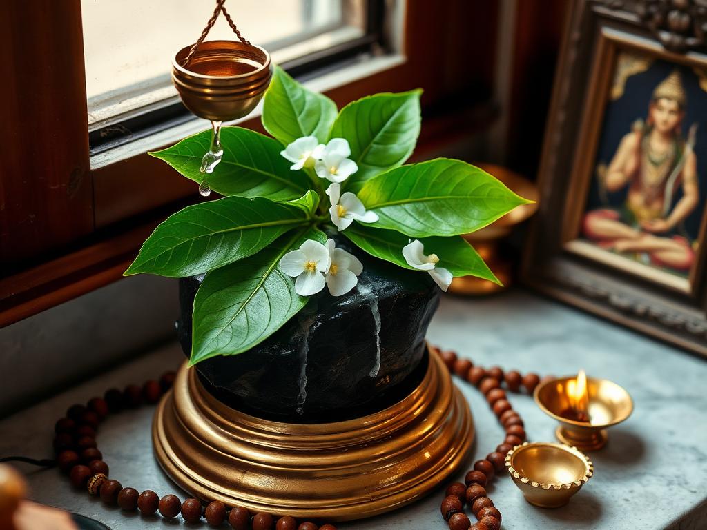 Shivling prepared for Maha Mrityunjaya Jaap with bilva leaves, rudraksha mala and diya