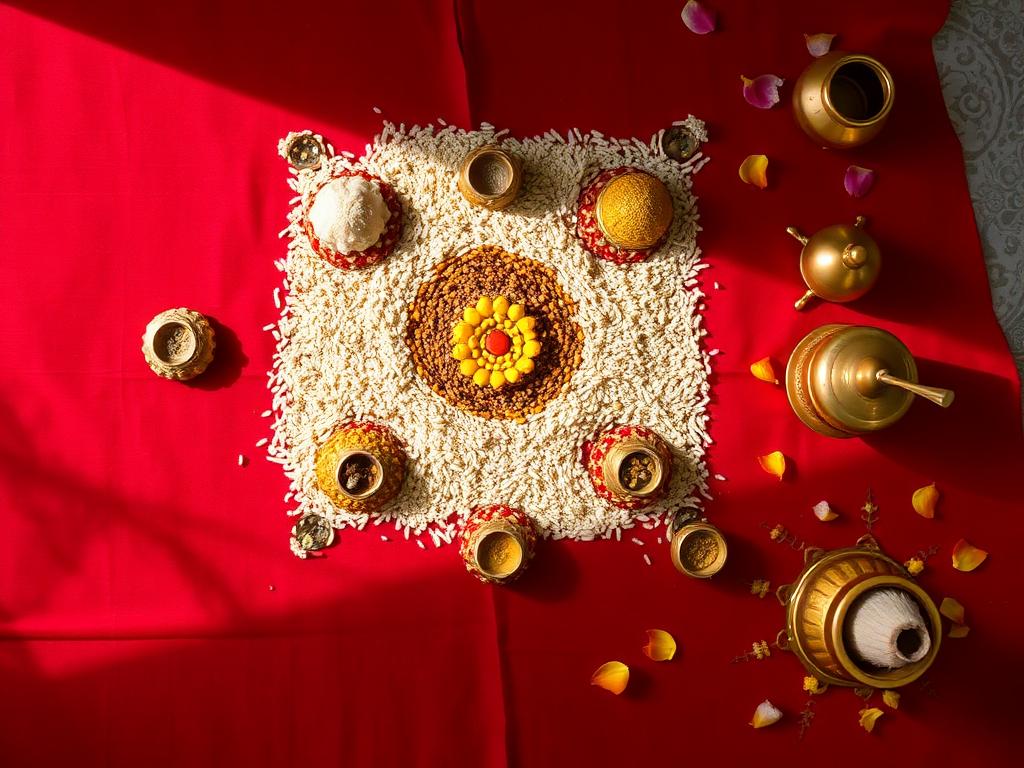 Traditional Navagraha Shanti arrangement with nine diyas, coloured grains and flowers