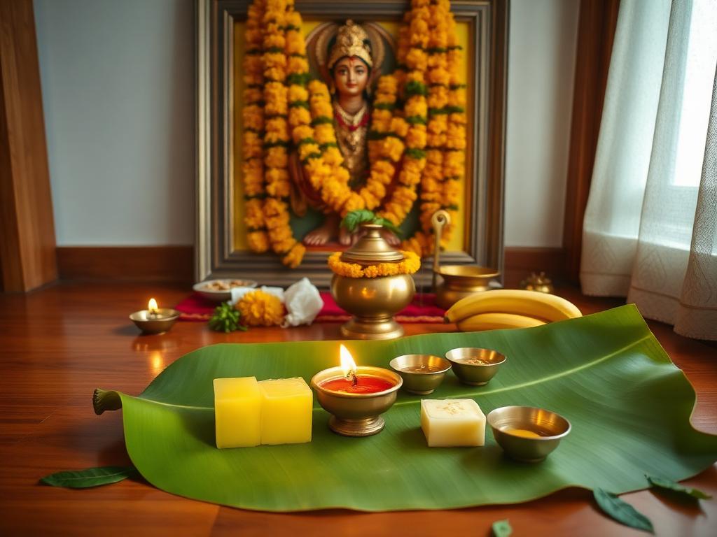 Family performing Satyanarayan Puja with kalash, flowers and prasad at a Melbourne home