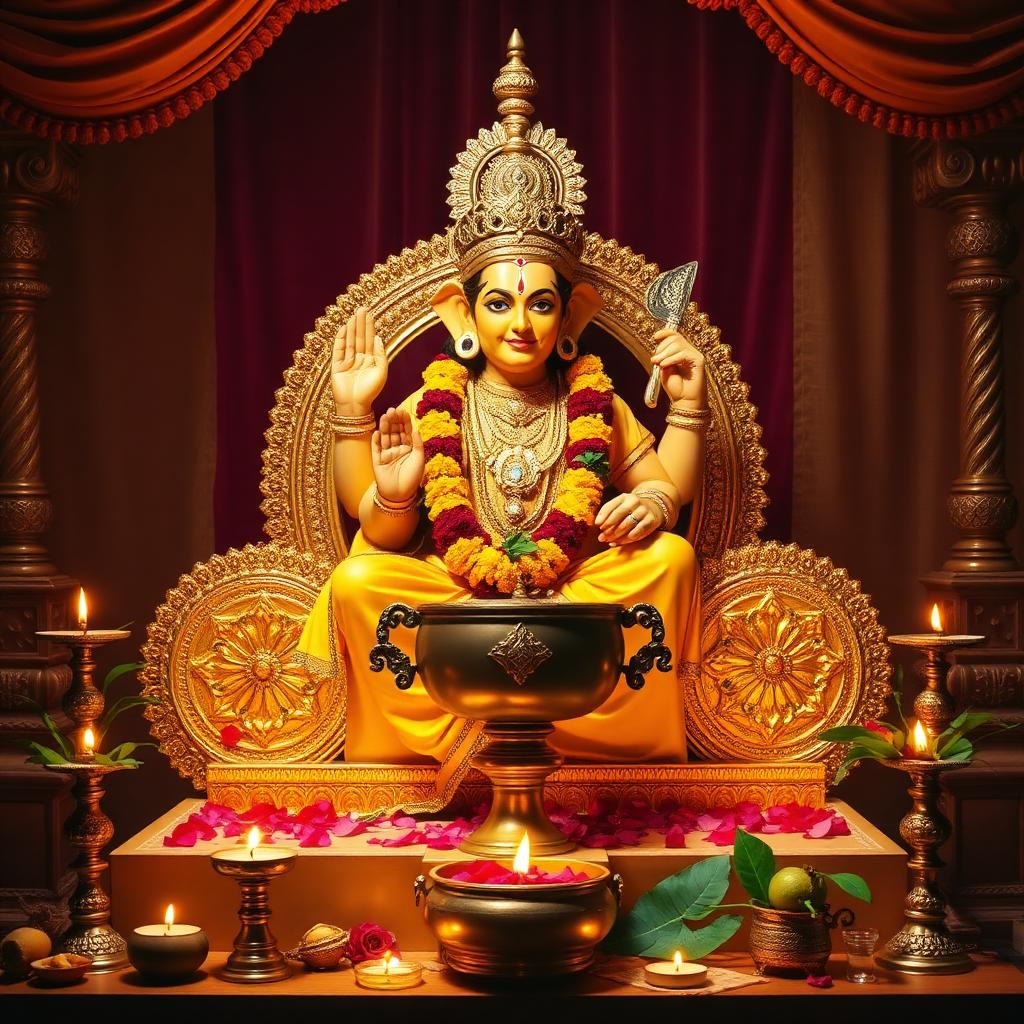 Satyanarayan Puja altar with Lord Vishnu murti, flowers and prasad