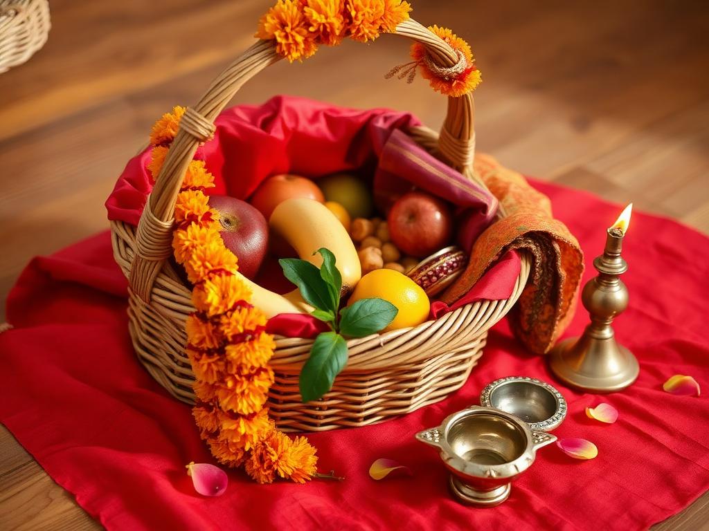 Expectant mother seated with family receiving gifts and blessings at a Godh Bharai ceremony