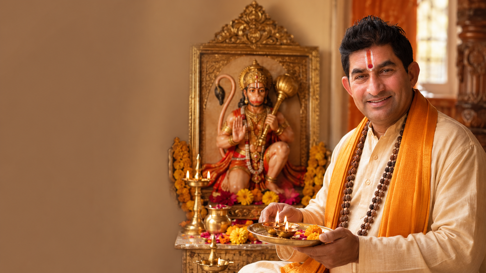 Pandit Rajesh Tiwari performing Sundarkand recitation with Hanuman murti and devotional offerings