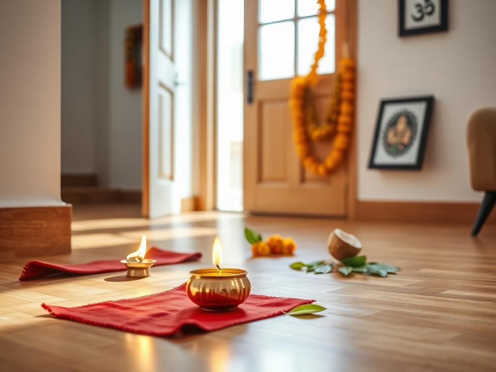 Vastu Shanti havan ceremony inside a new Melbourne home with kalash and toran